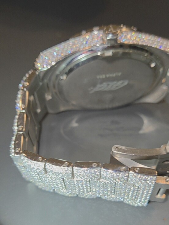 GLD Gold Iced Out 42MM Fully Iced Alpha Era w Diamond Prong Link Band Green Face main image 8